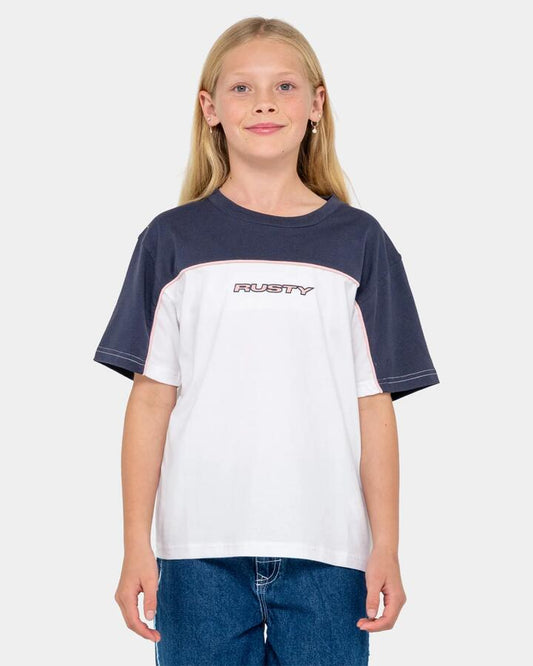 Image of a model wearing Tops. Productname: rusty Girls 8-16 Polars Ops Oversized T-Shirt White / Navy - in White / Navy colour by brand - Rusty