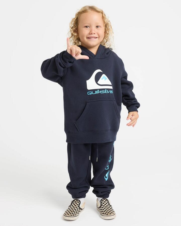 Image of a model wearing Outerwear. Product name - Quiksilver Boys 2-7 Comp Logo Pullover Hoodie Dark Navy in Dark Navy colour by brand - Quiksilver
