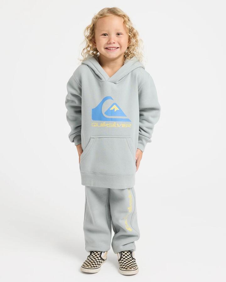 Image of a model wearing Outerwear. Product name - Quiksilver Boys 2-7 Comp Logo Pullover Hoodie Quarry in Quarry colour by brand - Quiksilver