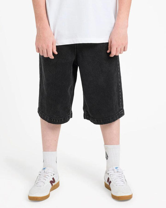 Image of a model wearing Shorts. Productname: volcom Boys 8-16 Freazy Loose Denim Shorts Blackity Black - in Blackity Black colour by brand - Volcom