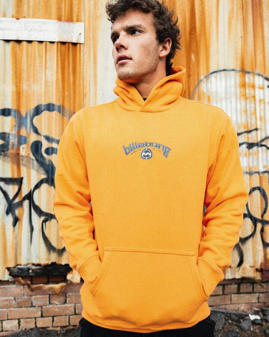 Image of a model wearing Outerwear. Product name - Billabong Mens Spec Bio Arch Pullover Hoodie Dusty Orange in Dusty Orange colour by brand - Billabong