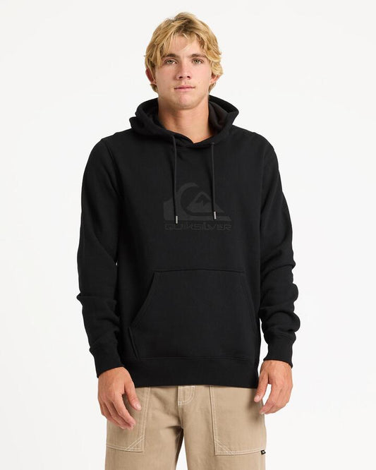Image of a model wearing Outerwear. Productname: quiksilver - Mens Comp Logo Pullover Hoodie - Black - in Black colour by brand - quiksilver