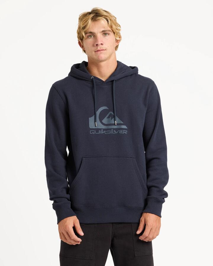 Image of a model wearing Outerwear. Product name - Quiksilver Mens Comp Logo Pullover Hoodie Dark Navy in Dark Navy colour by brand - Quiksilver