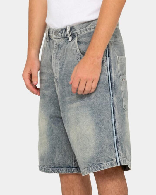 Image of a model wearing Shorts. Productname: rusty Mens Flip Daddy 2.0 22" Denim Shorts Dirty Dawg - in Dirty Dawg colour by brand - Rusty