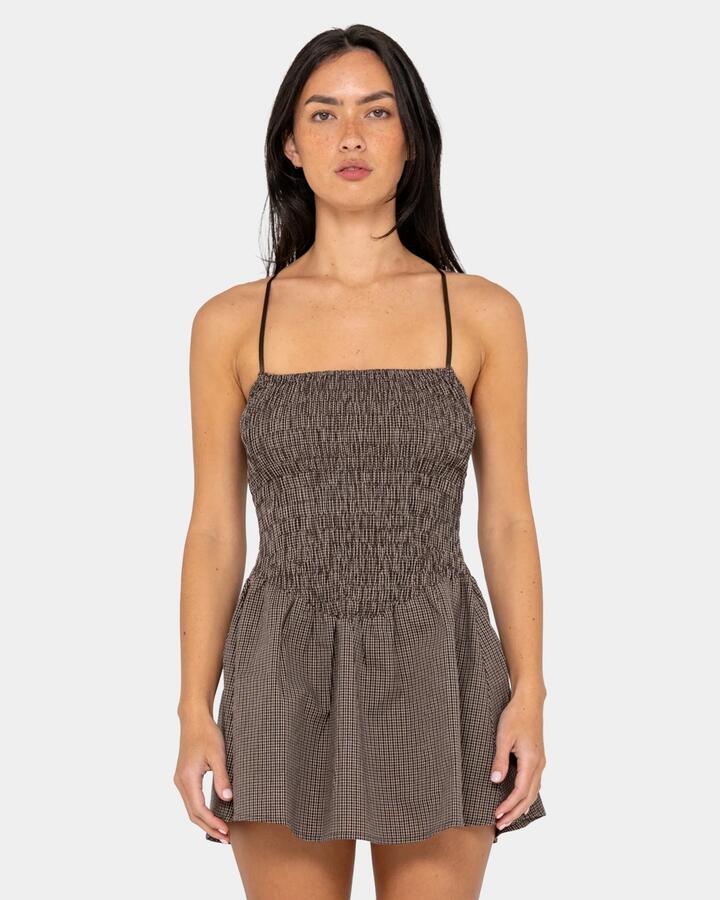 Image of Dresses. Product name - Rusty Womens Mini Smocked Mini Dress Java Plaid in Java Plaid colour by brand - Rusty