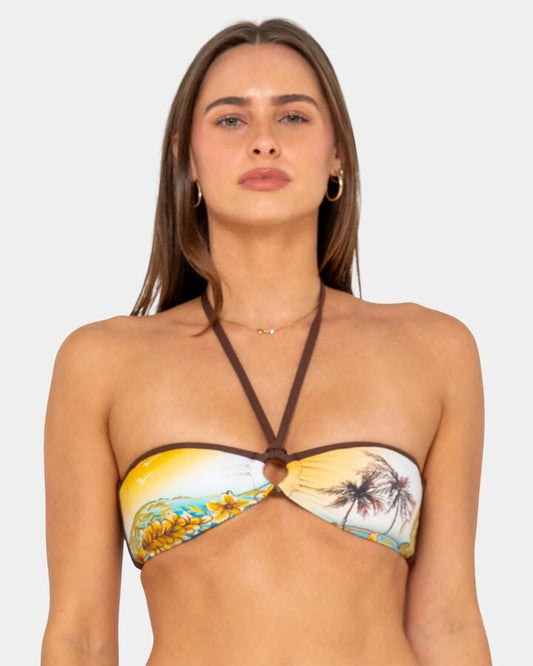 Image of a model wearing Tops. Product name - Rusty Womens La Cabana Bandeau Bikini Top Java in Java colour by brand - Rusty