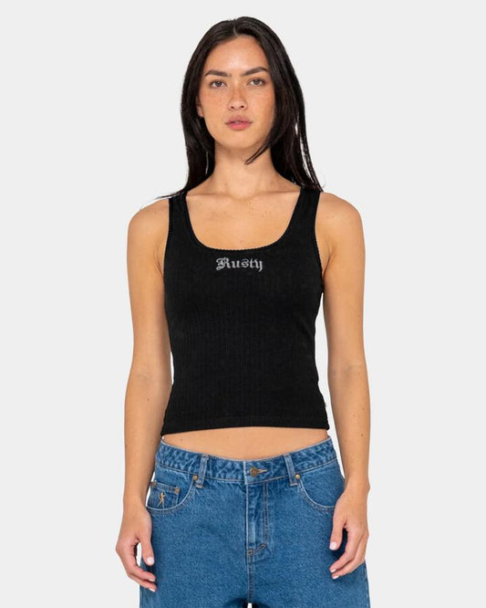 Image of a model wearing Tops. Productname: rusty - Womens Cassian Ribbed Tank Top - Black - in Black colour by brand - rusty