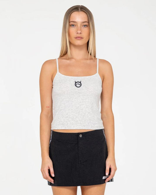 Image of a model wearing Tops. Productname: rusty - Womens Core Circle Horn Tank Top - Ecru Marle - in Ecru Marle colour by brand - rusty