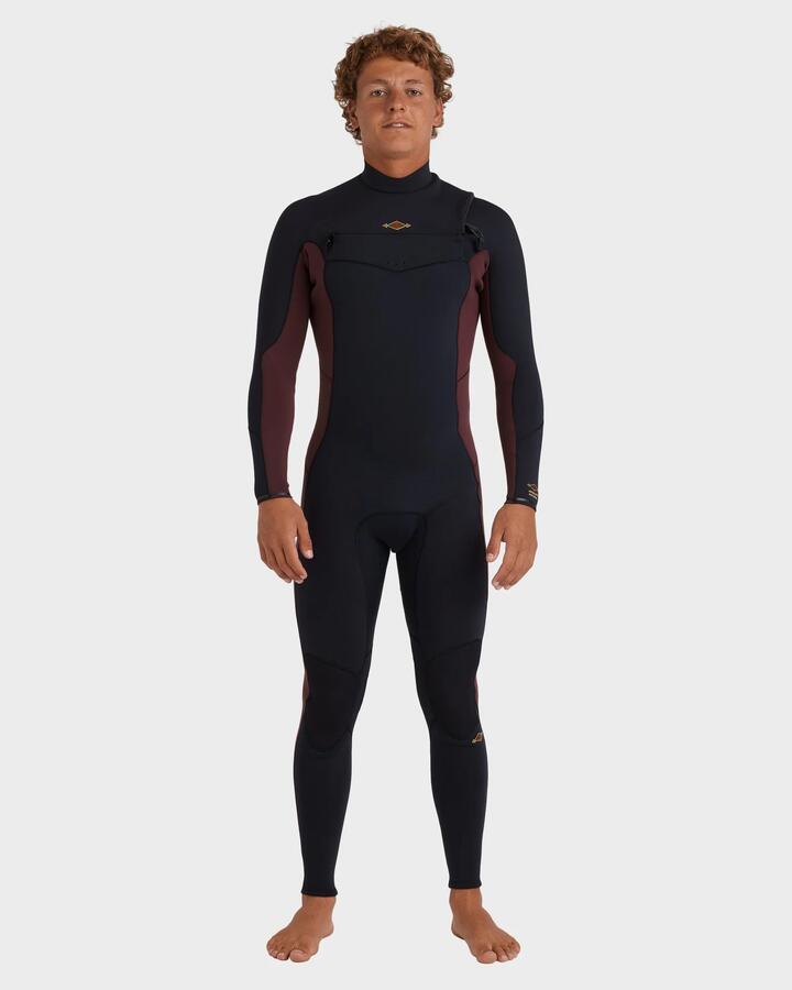 Image of a model wearing Tops. Product name - Billabong Mens 4/3Mm Absolute Natural Chest Zip Long Sleeve Fullsuit Wine in Wine colour by brand - Billabong