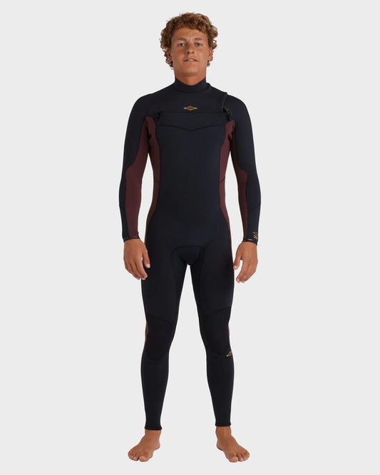 Image of a model wearing Tops. Product name - Billabong Mens 4/3Mm Absolute Natural Chest Zip Long Sleeve Fullsuit Wine in Wine colour by brand - Billabong