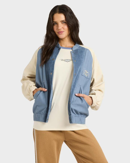 Image of a model wearing Outerwear. Productname: billabong Womens Og Burleigh Bomber Corduroy Jacket Stone Blue - in Stone Blue colour by brand - Billabong