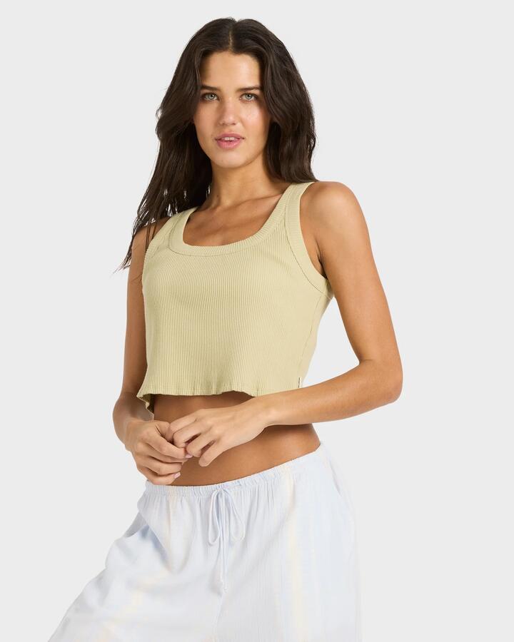 Image of a model wearing Tops. Productname: billabong - Womens Rerun Knitted Tank - Cactus - in Cactus colour by brand - billabong