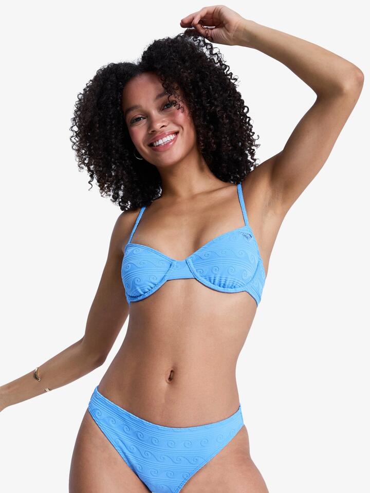 Image of a model wearing Tops. Productname: roxy - Womens Paradise Wave Underwire Bralette Bikini Top - Silver Lake Blue Make A Splash - in Silver Lake Blue Make A Splash colour by brand - roxy