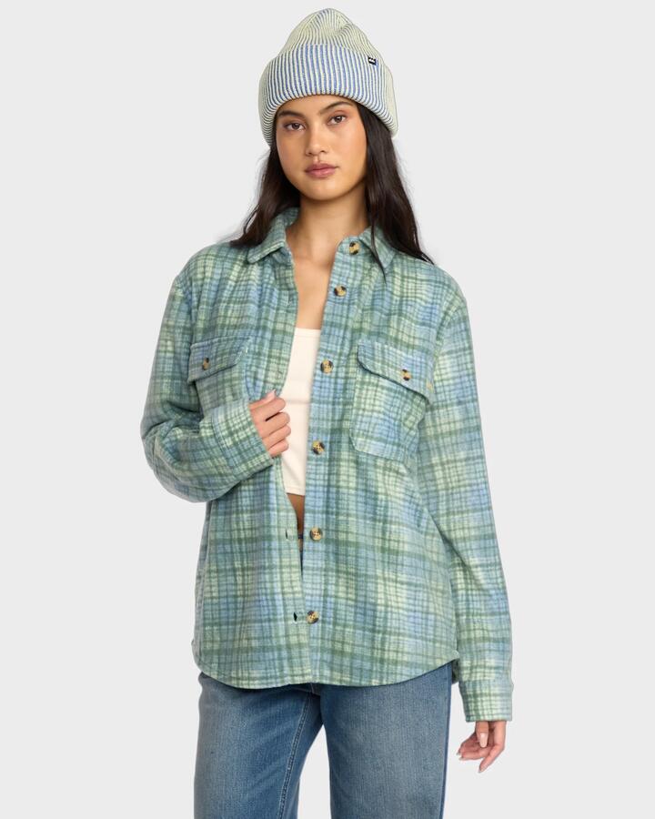 Image of a model wearing Outerwear. Product name - Billabong Womens Forge Fleece Flannel Shirt Multi in Multi colour by brand - Billabong
