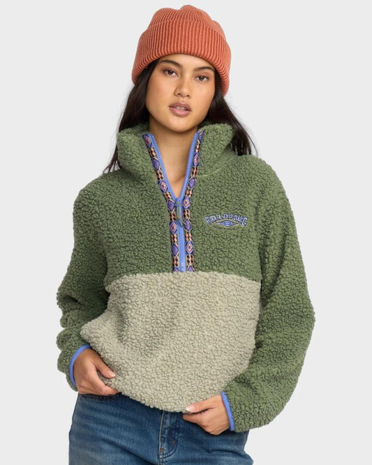 Image of a model wearing Outerwear. Product name - Billabong Womens Horizon Mock Neck Fleece Top Treehugger in Treehugger colour by brand - Billabong