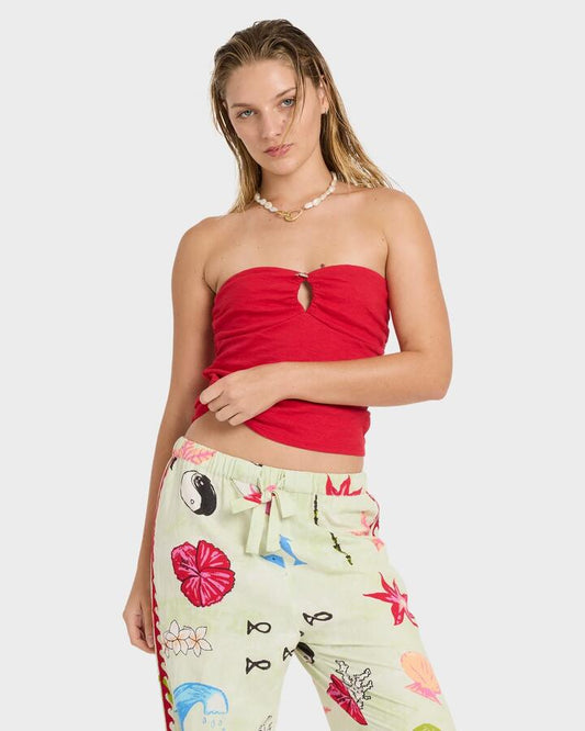 Image of a model wearing Tops. Productname: billabong - Womens Lottie Hall Tube Top - True Red - in True Red colour by brand - billabong