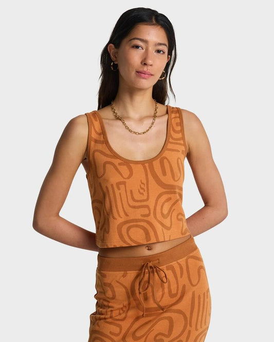 Image of a model wearing Tops. Productname: billabong - Womens Embers Knitted Tank - Tangerine - in Tangerine colour by brand - billabong