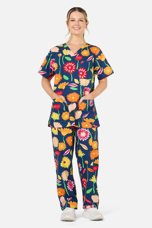 Image of a model wearing Uniforms & Workwear. Productname: Sunshine Flowers Scrub Set in Navy colour by brand - Gorman
