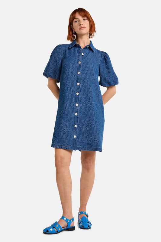 Image of Dresses. Product name - Seersucker Denim Dress in Mid Blue colour by brand - Gorman