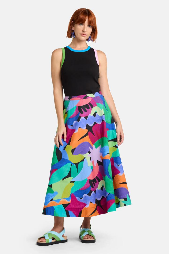 Image of a model wearing Skirts. Product name - Tangled Tropic Midi Skirt in Print colour by brand - Gorman
