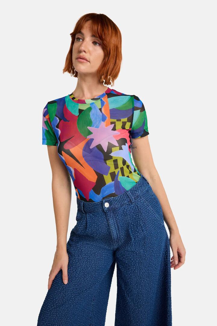 Image of a model wearing Tops. Product name - Tangled Tropic Mesh Top in Print colour by brand - Gorman