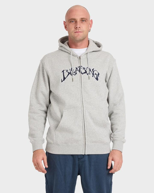 Image of a model wearing Outerwear. Productname: billabong - Mens Bad Dog Arch Zip Up Hoodie - Light Grey Heather - in Light Grey Heather colour by brand - billabong