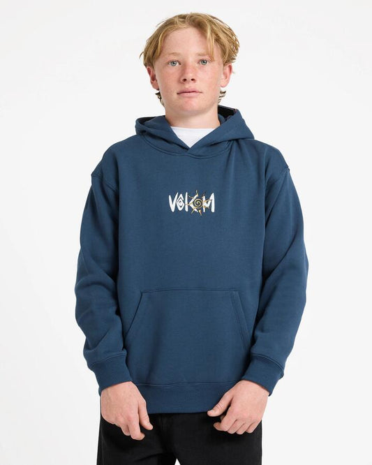 Image of a model wearing Outerwear. Product name - Volcom Boys 8-16 Watanite Pullover Hoodie Dust Bowl Indigo in Dust Bowl Indigo colour by brand - Volcom
