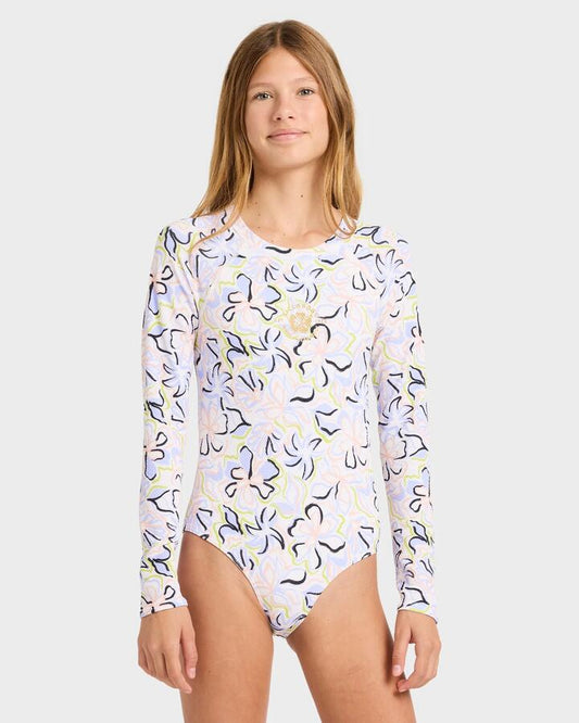 Image of a model wearing Tops. Productname: billabong Girls 6-16 Sea Of Love Long Sleeve Rashvest Salt Crystal - in Salt Crystal colour by brand - Billabong