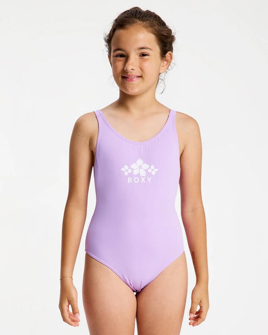 Image of Swimwear. Product name - Roxy Girls 6-16 Solid Active One Piece Swimsuit Crocus Petal in Crocus Petal colour by brand - Roxy