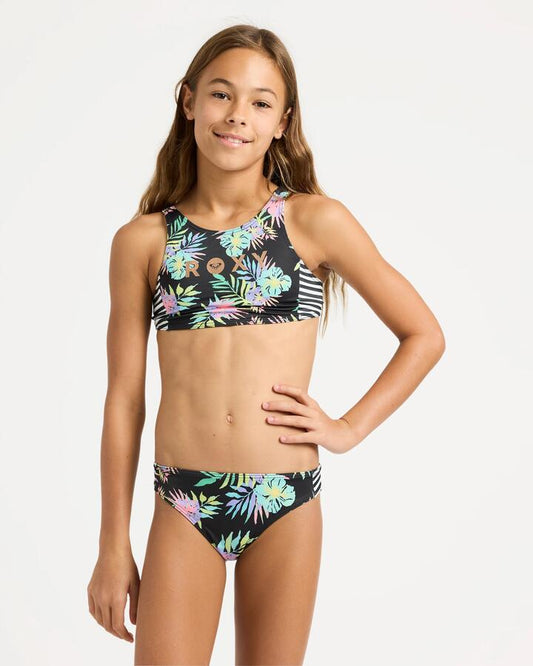 Image of a model wearing Tops. Product name - Roxy Girls 6-16 Roxy Active Crop Set Two Piece Anthracite Aquarella Active Rg in Anthracite Aquarella Active Rg colour by brand - Roxy