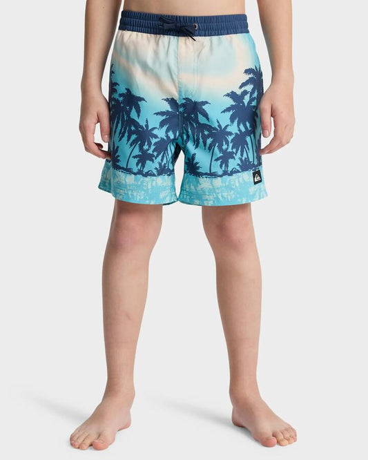 Image of a model wearing Shorts. Productname: quiksilver Boys 8-16 Everyday Printed 14" Swim Shorts Aqua Thermotropics - in Aqua Thermotropics colour by brand - Quiksilver