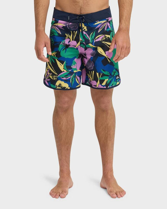 Image of Swimwear. Productname: quiksilver Mens Surfsilk Scallop 18" Boardshorts Dark Navy Interact Floral - in Dark Navy Interact Floral colour by brand - Quiksilver