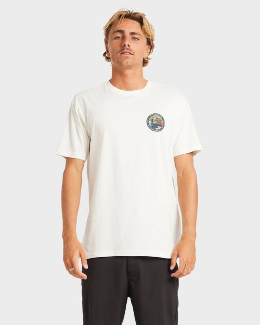 Image of a model wearing Tops. Productname: Billabong - Mens Rockies Adiv T-Shirt - Off White - in Off White colour by brand - Billabong