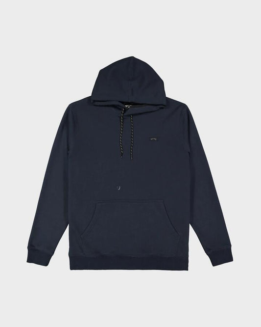 Image of a model wearing Outerwear. Product name - Billabong Mens Shoreline Pullover Hoodie Dark Blue in Dark Blue colour by brand - Billabong