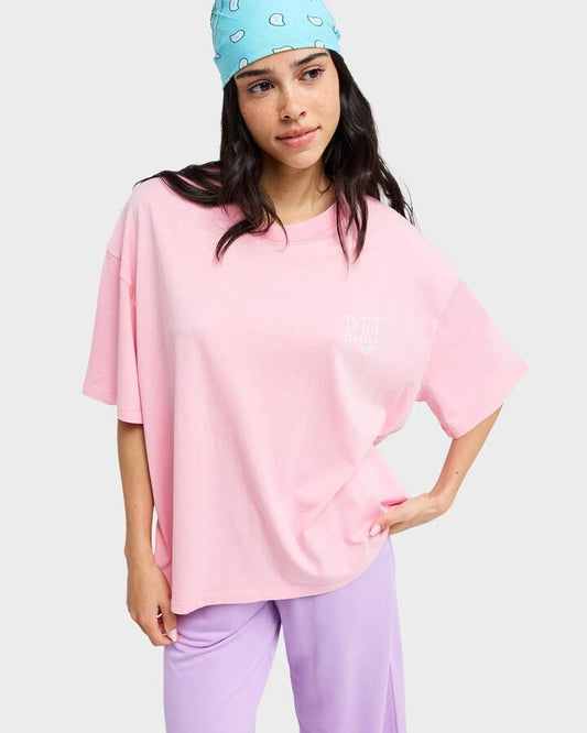 Image of a model wearing Tops. Productname: roxy Womens Talloversize Washed T-Shirt Plumeria - in Plumeria colour by brand - Roxy