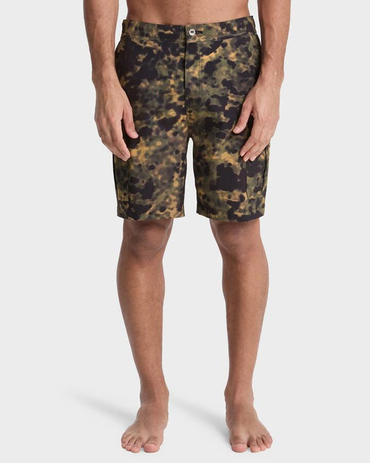 Image of a model wearing Shorts. Productname: quiksilver Mens Half Jam Cargo Hybrid Shorts Grape Leaf Light Reflection - in Grape Leaf Light Reflection colour by brand - Quiksilver