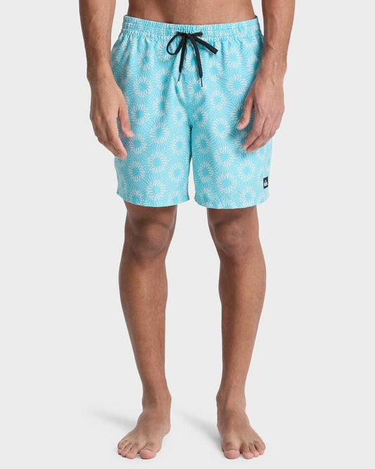 Image of a model wearing Shorts. Productname: quiksilver Mens Everyday Printed 17" Swim Shorts Aqua Ocean Mayhem - in Aqua Ocean Mayhem colour by brand - Quiksilver