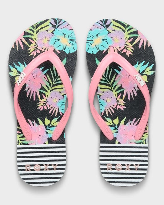 Image of Sandals. Productname: roxy Girls 4-16 Rg Viva Stamp Thongs Black Multi 1 - in Black Multi 1 colour by brand - Roxy