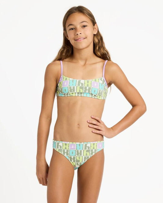 Image of a model wearing Tops. Product name - Roxy Girls 6-16 Letter Up Bralette Set Two Piece Oil Green Letter Up in Oil Green Letter Up colour by brand - Roxy