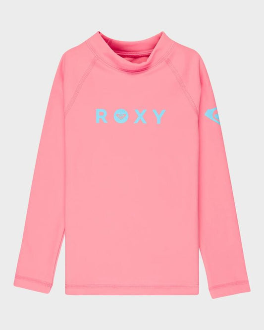 Image of a model wearing Tops. Productname: roxy Girls 2-7 Roxy Heater Long Sleeve Rash Vest Plumeria - in Plumeria colour by brand - Roxy