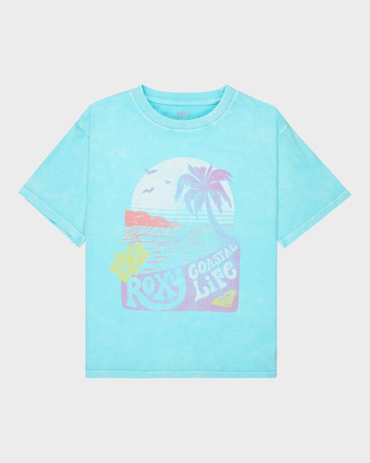 Image of a model wearing Tops. Productname: roxy Girls 4-16 Eveoversize Washed T-Shirt Aqua Splash - in Aqua Splash colour by brand - Roxy