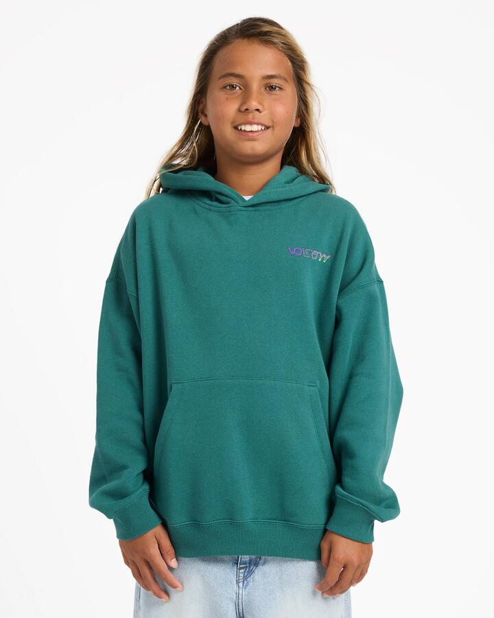 Image of a model wearing Outerwear. Product name - Volcom Boys 8-16 Fa Ben Sanaire Pullover Hoodie Rifle Green in Rifle Green colour by brand - Volcom