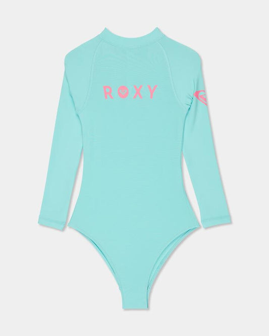 Image of a model wearing Tops. Productname: roxy Girls 2-7 Heater Onsie Long Sleeve Rash Vest Aqua Splash - in Aqua Splash colour by brand - Roxy