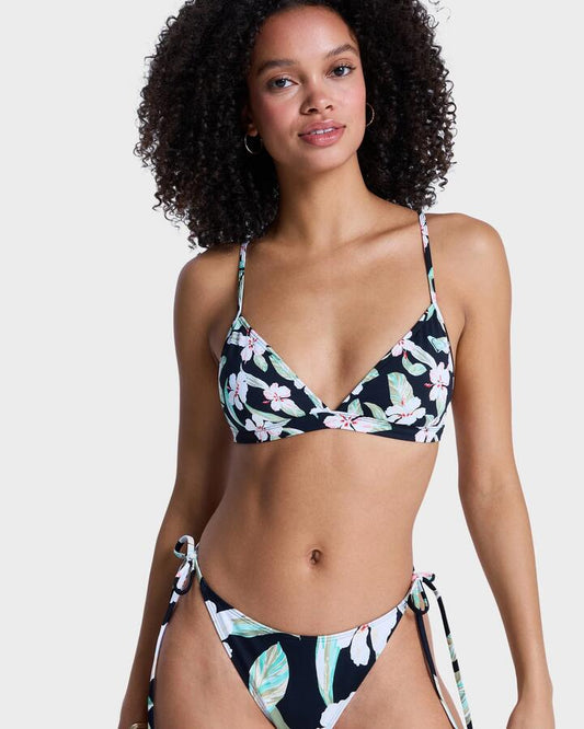Image of Swimwear. Productname: roxy Womens Printed Essentials Fixed Tri Bikini Top Anthracite Spring Charming Sma - in Anthracite Spring Charming Sma colour by brand - Roxy