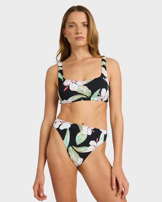 Image of a model wearing Tops. Productname: roxy Womens Printed Essentials Bralette Bikini Top Anthracite Spring Charming - in Anthracite Spring Charming colour by brand - Roxy