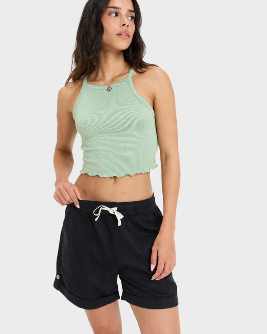 Image of a model wearing Shorts. Productname: roxy Womens Sweetest Day Elastic Waist Shorts Anthracite - in Anthracite colour by brand - Roxy