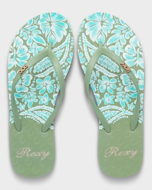 Image of Sandals. Productname: roxy Womens New Viva Printed Thongs Oil Green - in Oil Green colour by brand - Roxy
