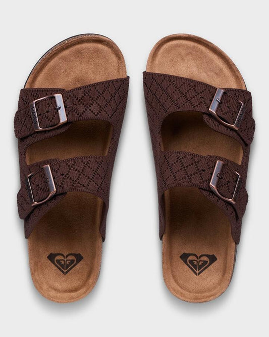 Image of Slippers. Productname: roxy Womens Mannae Buckle Slides Chocolate - in Chocolate colour by brand - Roxy