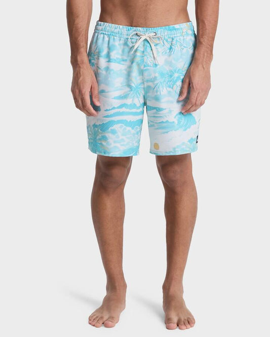 Image of a model wearing Shorts. Productname: quiksilver Mens Stretch Printed Volley 17" Swim Shorts Aqua Sundown - in Aqua Sundown colour by brand - Quiksilver