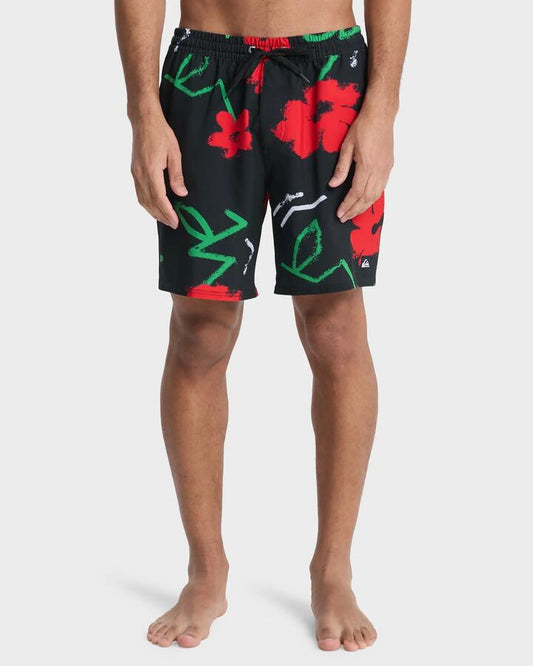 Image of a model wearing Shorts. Productname: quiksilver Mens Stretch Printed Volley 17" Swim Shorts Black Street Floral - in Black Street Floral colour by brand - Quiksilver